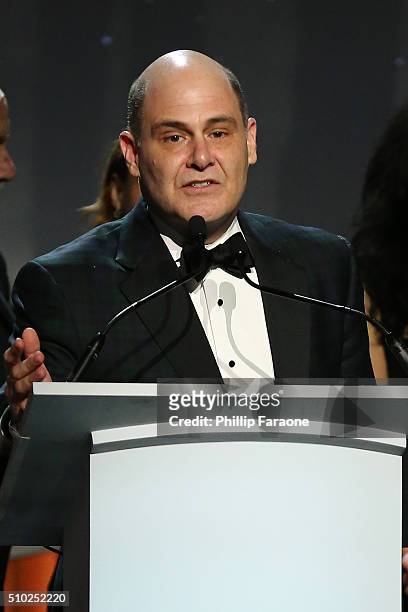 Writer Matthew Weiner accepts the award for Best Drama Series for "Mad Men" onstage during the 2016 Writers Guild Awards L.A. Ceremony at the Hyatt...