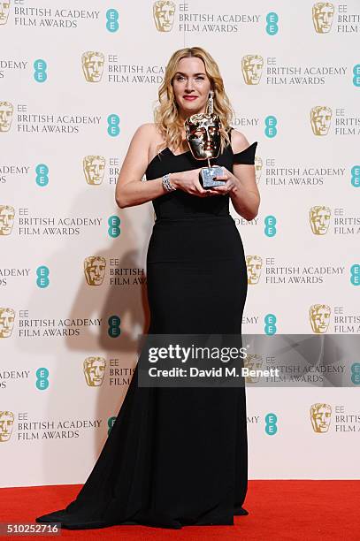 Kate Winslet, winner of the Supporting Actress award for "Steve Jobs", poses in the winners room at the EE British Academy Film Awards at The Royal...