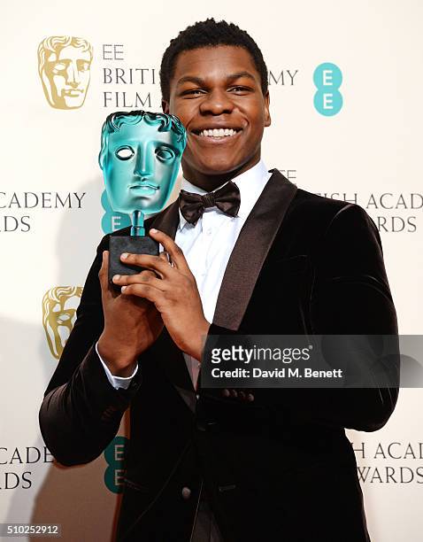 John Boyega, winner of the EE Rising Star award, poses in the winners room at the EE British Academy Film Awards at The Royal Opera House on February...