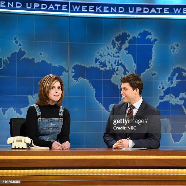 Melissa McCarthy" Episode 1696 -- Pictured: Vanessa Bayer as Rachel from Friends and Colin Jost during Weekend Update on February 13, 2016 --