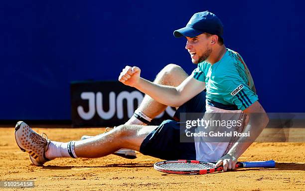 Dominic Thiem of Austria celebrates after winning his final match against Nicolas Almagro of Spain as part of ATP Argentina Open at Buenos Aires Lawn...