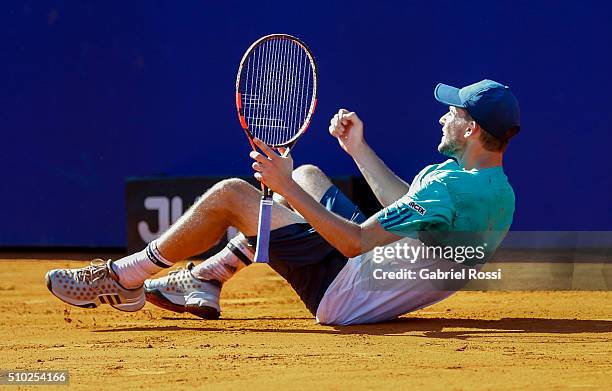 Dominic Thiem of Austria celebrates after winning his final match against Nicolas Almagro of Spain as part of ATP Argentina Open at Buenos Aires Lawn...