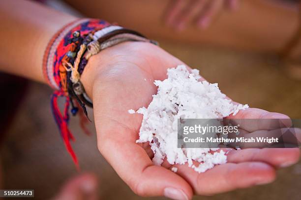 eating freshly shredded coconut - melanesia stock pictures, royalty-free photos & images