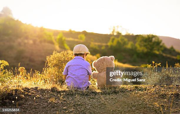 boy and his teddy bear friend sitting on sunset - stuffed toy stock pictures, royalty-free photos & images