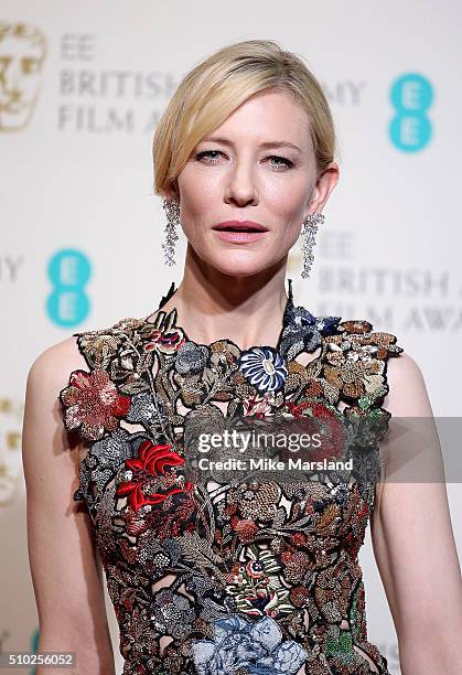 Cate Blanchett poses in the winners room at the EE British Academy Film Awards at The Royal Opera House on February 14, 2016 in London, England.