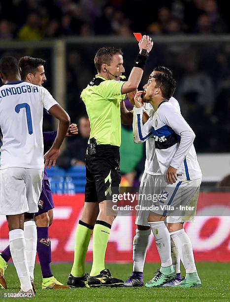 Red card for Alex Telles of FC Internazionale during the Serie A match between ACF Fiorentina and FC Internazionale Milano at Stadio Artemio Franchi...