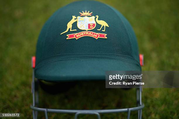 The helmet of Peter Nevill of Australia is seen during day four of the Test match between New Zealand and Australia at Basin Reserve on February 15,...