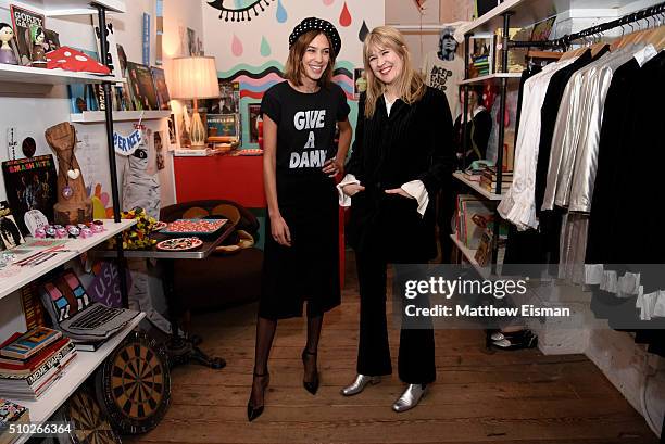 Alexa Chung and Tennessee Thomas pose together during The Deep End Club Collection launch hosted by Alexa Chung at The Deep End Club on February 14,...