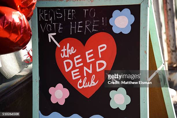 View of signage outside at The Deep End Club Collection launch hosted by Alexa Chung at The Deep End Club on February 14, 2016 in New York City.