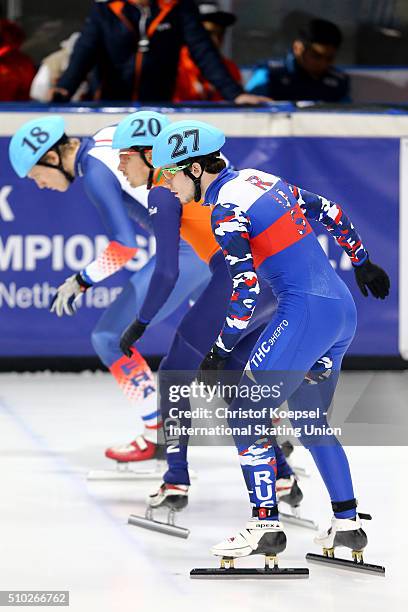 Dmitry Migunov of Russia skates during the men 500m quarterfinals heat one during Day 3 of ISU Short Track World Cup at Sportboulevard on February...