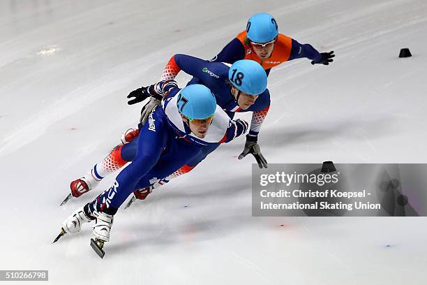 Dmitry Migunov of Russia skates in front during the men 500m quarterfinals heat one during Day 3 of ISU Short Track World Cup at Sportboulevard on...