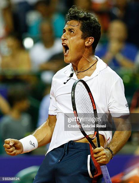 Nicolas Almagro of Spain celebrates after winning the match between Nicolas Almagro of Spain and Jo-Wilfried Tsonga of France as part of ATP...