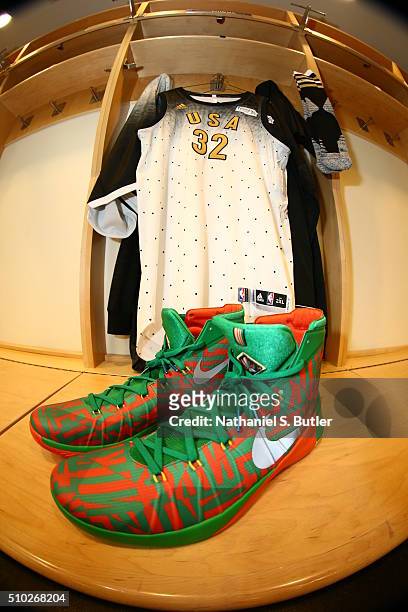 The sneakes of Karl-Anthony Towns of USATeam before the BBVA Compass Rising Stars Challenge as part of NBA All-Star 2016 on February 12, 2016 at Air...