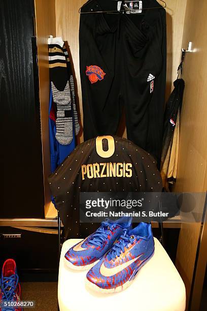 The sneakes of Kristaps Porzingis of the World Team before the BBVA Compass Rising Stars Challenge as part of NBA All-Star 2016 on February 12, 2016...