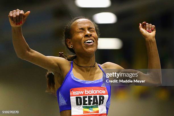 Meseret Defar of Ethiopia celebrates after winning the Women's 3000m during the New Balance Indoor Grand Prix at Reggie Lewis Center on February 14,...