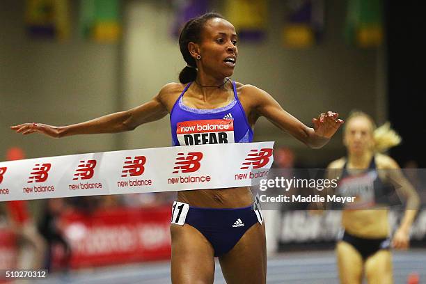 Meseret Defar of Ethiopia celebrates after winning the Women's 3000m during the New Balance Indoor Grand Prix at Reggie Lewis Center on February 14,...