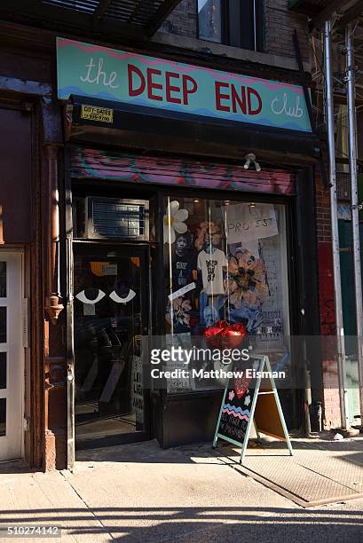 View of the shop exterior at The Deep End Club Collection launch hosted by Alexa Chung at The Deep End Club on February 14, 2016 in New York City.