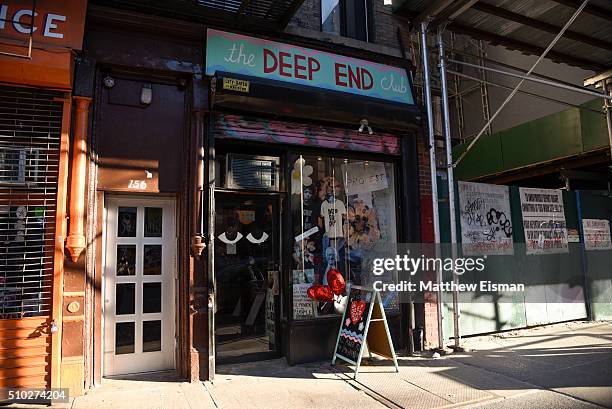 View of the shop exterior at The Deep End Club Collection launch hosted by Alexa Chung at The Deep End Club on February 14, 2016 in New York City.