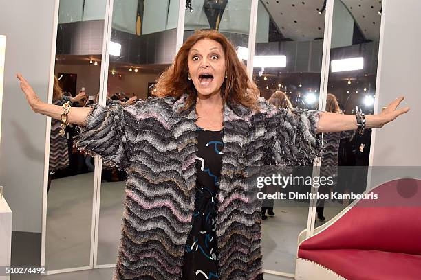 Designer Diane Von Furstenberg celebrates backstage during Diane Von Furstenberg Fall 2016 during New York Fashion Week on February 14, 2016 in New...