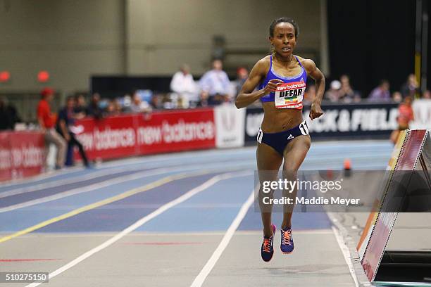 Meseret Defar of Ethiopia competes in the Women's 3000m during the New Balance Indoor Grand Prix at Reggie Lewis Center on February 14, 2016 in...