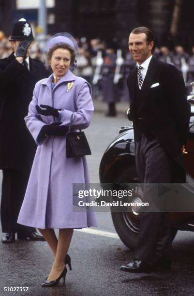 Princess Anne and Captain Mark Phillips arriving at Westminster Pier on November 16, 1982 with other Royal's to welcome Queen Beatrix of the...