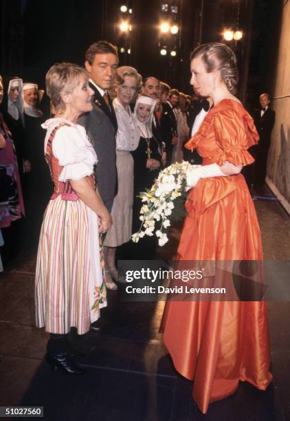 Princess Anne meets Petula Clark and the cast of the Sound of Music backstage in 1981 at the Apollo Theatre, in Victoria, London.