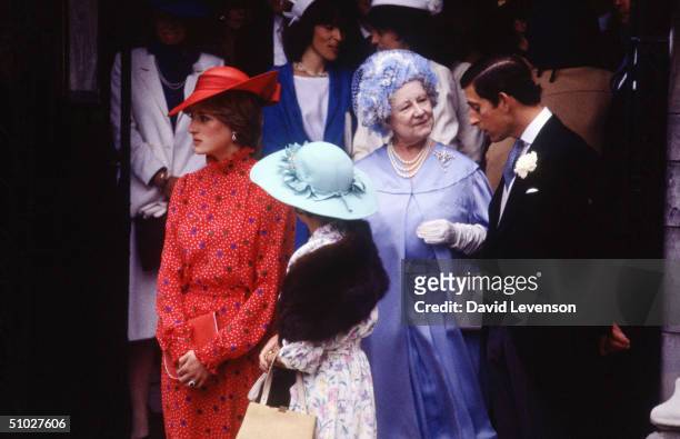 Diana, Princess of Wales, Princess Margaret, the Queen Mother and Prince Charles leaving the wedding of Nicholas Soames on June 4, 1981 at St....
