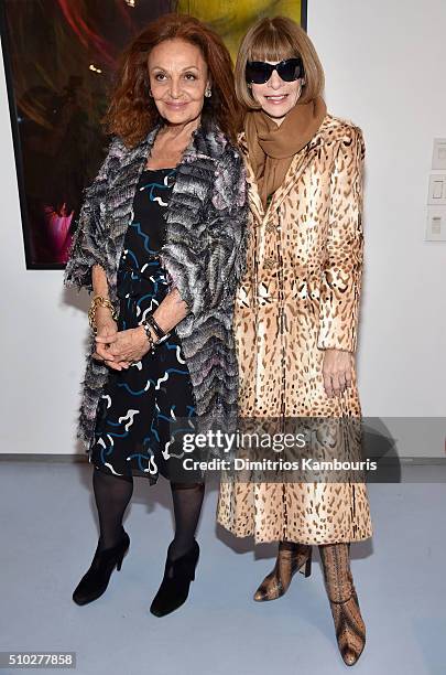 Designer Diane Von Furstenberg and Editor-in-chief of American Vogue Anna Wintour pose backstage during Diane Von Furstenberg Fall 2016 during New...
