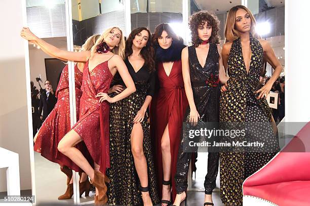 Models Elsa Hosk, Irina Shayk, Lily Aldridge, Alanna Arrington and Jourdan Dunn pose wearing Diane Von Furstenberg Fall 2016 show during New York...