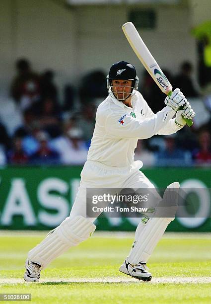 Nathan Astle of New Zealand hits out during the first day of the 3rd Npower Test match between England and New Zealand at Trent Bridge on June 10,...