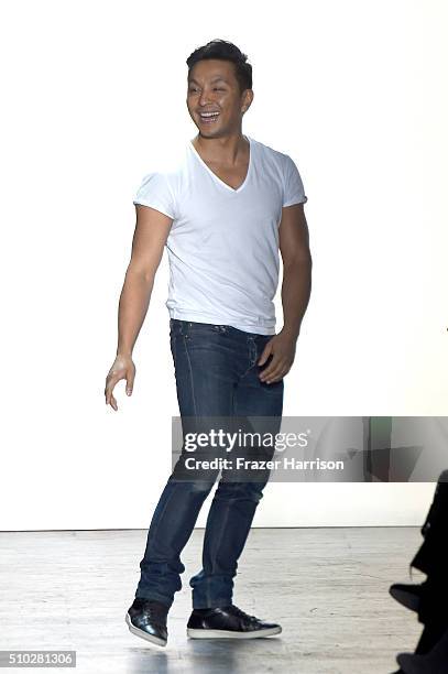 Designer Prabal Gurung poses on the runway wearing Prabal Gurung Fall 2016 during New York Fashion Week: The Shows at The Arc, Skylight at Moynihan...