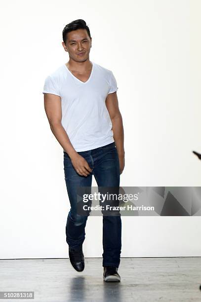 Designer Prabal Gurung poses on the runway wearing Prabal Gurung Fall 2016 during New York Fashion Week: The Shows at The Arc, Skylight at Moynihan...