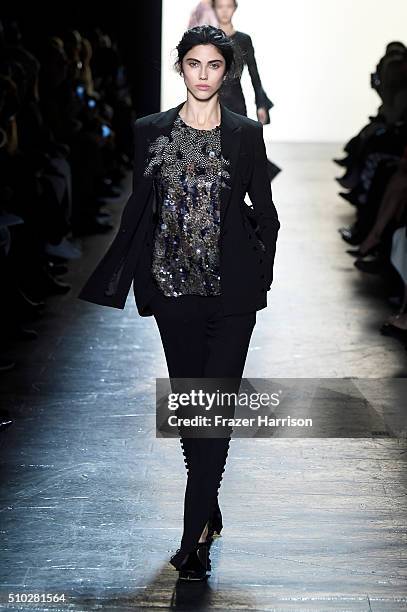 Model walks the runway wearing Prabal Gurung Fall 2016 during New York Fashion Week: The Shows at The Arc, Skylight at Moynihan Station on February...