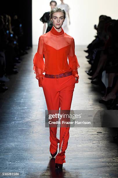 Model walks the runway wearing Prabal Gurung Fall 2016 during New York Fashion Week: The Shows at The Arc, Skylight at Moynihan Station on February...