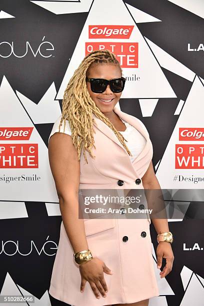 Claire Sulmers aka FashionBombDaily attends attends the Colgate Optic White Beauty Bar Ð Day 2 at Hudson Loft on February 14, 2016 in Los Angeles,...