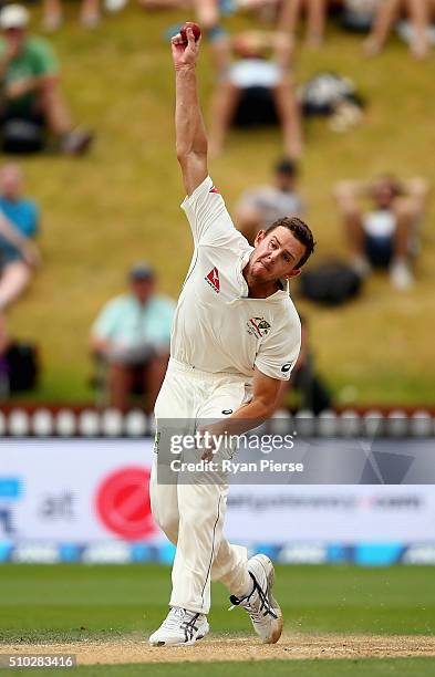 Josh Hazlewood of Australia bowls during day four of the Test match between New Zealand and Australia at Basin Reserve on February 15, 2016 in...