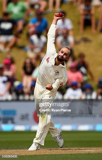 Nathan Lyon of Australia bowls during day four of the Test match between New Zealand and Australia at Basin Reserve on February 15, 2016 in...