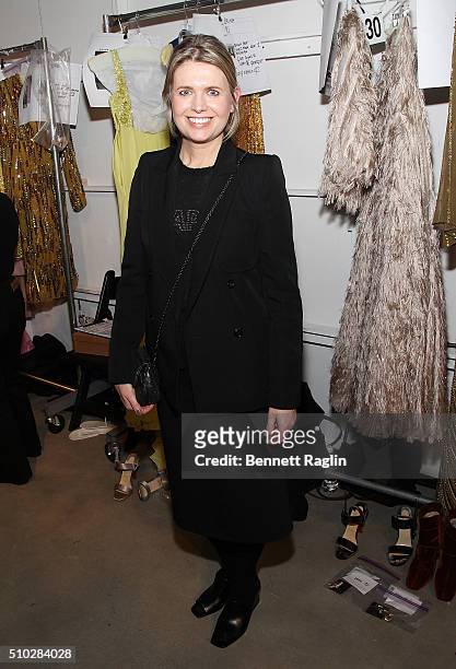 Designer Jenny Packham poses for a picture backstage at the Jenny Packham Fall 2016 New York Fashion Week: The Shows at The Gallery, Skylight at...