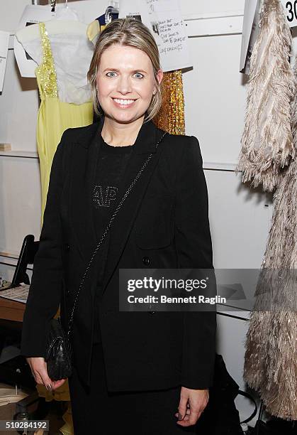 Designer Jenny Packham poses for a picture backstage at the Jenny Packham Fall 2016 New York Fashion Week: The Shows at The Gallery, Skylight at...