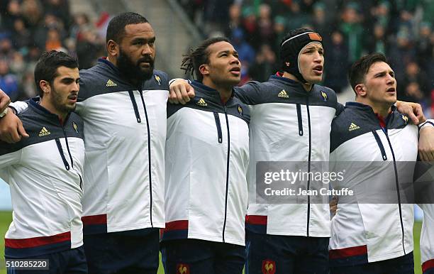 Sebastien Bezy, Uini Atonio, Teddy Thomas, Wenceslas Lauret, Camille Chat of France look on during the national anthems before the RBS 6 Nations...