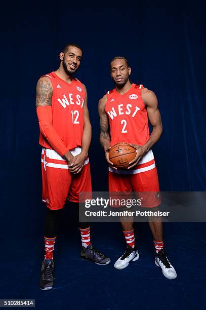 LaMarcus Aldridge and Kawhi Leonard of the Western Conference All-Stars team pose for a portrait before the NBA All-Star Game on February 14, 2016 at...