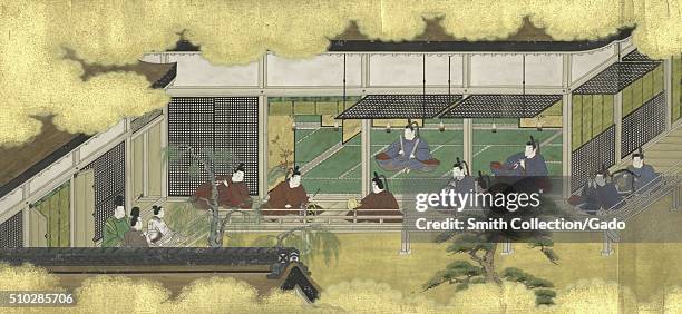 Painting from The Tale of Genji Scroll, in the painting style known as Yamato-e, depicts a group of men gathered inside and outside of a home, all...