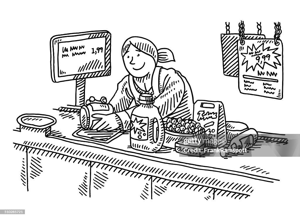 Supermarket Checkout Counter Woman Drawing