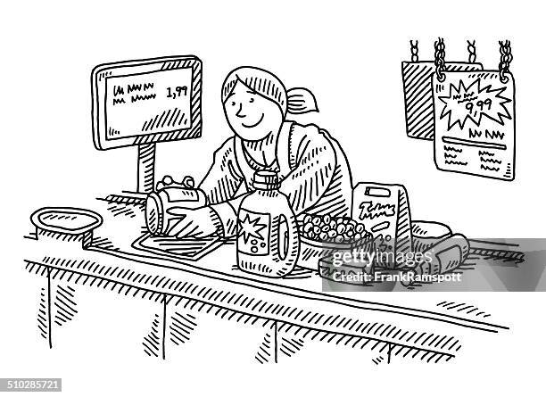 supermarket checkout counter woman drawing - checkout conveyor belt stock illustrations