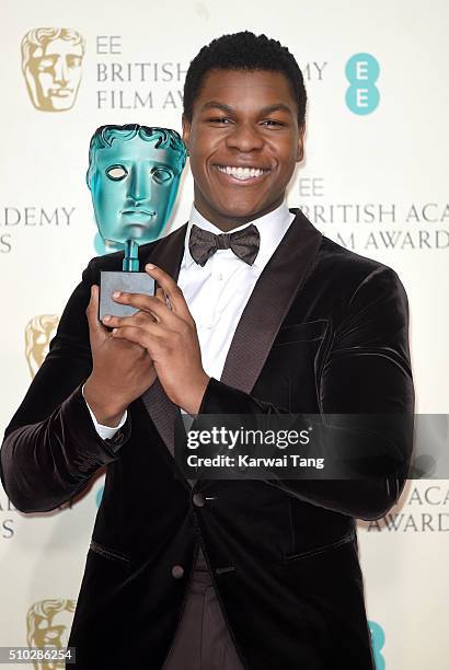 John Boyega, winner of EE Rising Star award poses in the winners room at the EE British Academy Film Awards at The Royal Opera House on February 14,...