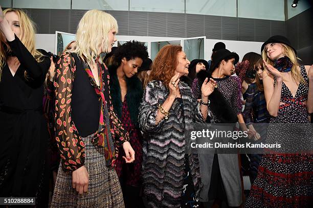 Fashion designer Diane Von Furstenberg and models pose wearing Diane Von Furstenberg Fall 2016 during New York Fashion Week on February 14, 2016 in...
