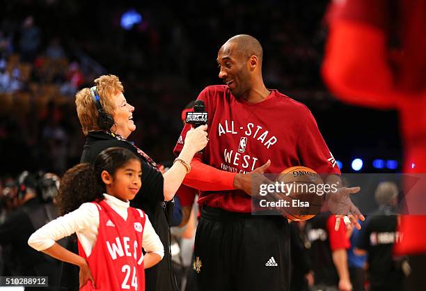 Kobe Bryant of the Los Angeles Lakers and the Western Conference warms up with daughter Gianna Bryant during the NBA All-Star Game 2016 at the Air...