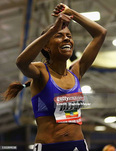 Meseret Defar of Ethiopia celebrates after winning the Women's 3000m during the New Balance Indoor Grand Prix at Reggie Lewis Center on February 14,...