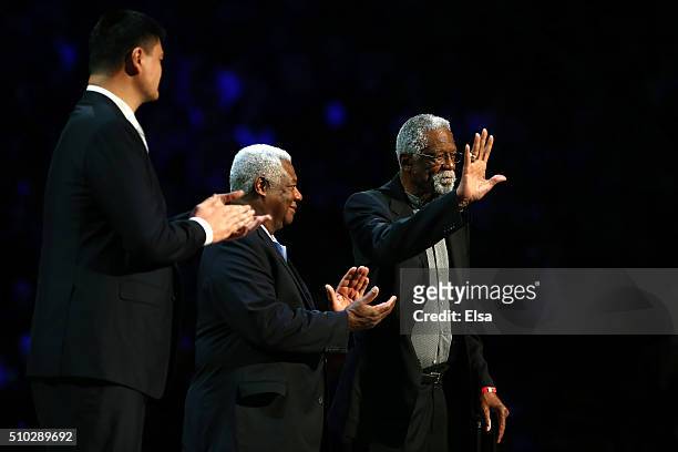 Former NBA players Yao Ming, Oscar Robertson and Bill Russell are honored in the first half during the NBA All-Star Game 2016 at the Air Canada...