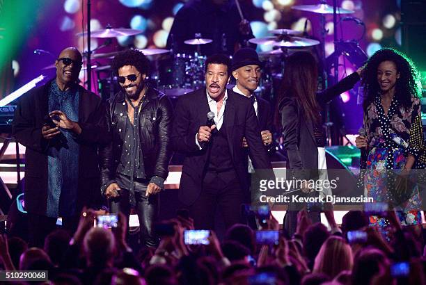 Stevie Wonder, Lenny Kravitz, Lionel Richie and Pharrell Williams perform onstage during the 2016 MusiCares Person of the Year honoring Lionel Richie...